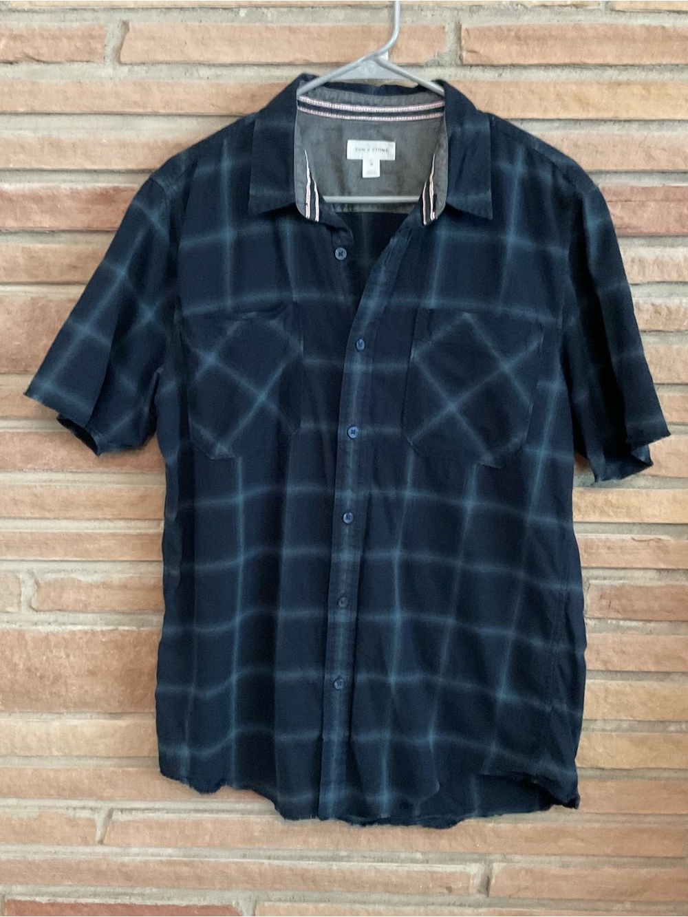Sun + Stone Men’s Short Sleeve Cotton Shirt Blue Medium